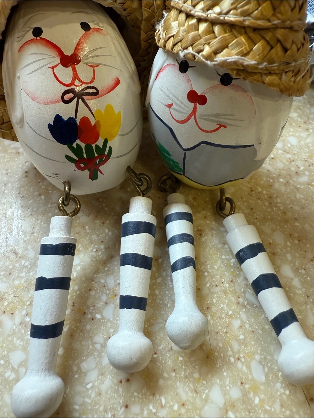 Hand-Painted Wooden Egg Bunny Easter Spring Decor White with Blue, Red, Yellow